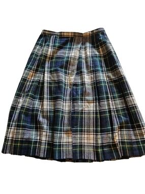 Ann Stevens NY Plaid Wool Skirt Size 16 Pleated Green Tartan Vintage Style
